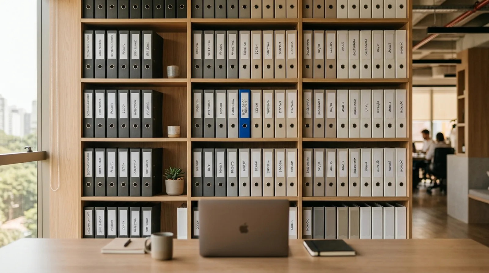 Biblioteca de prateleiras com pastas etiquetadas por habilidade técnica