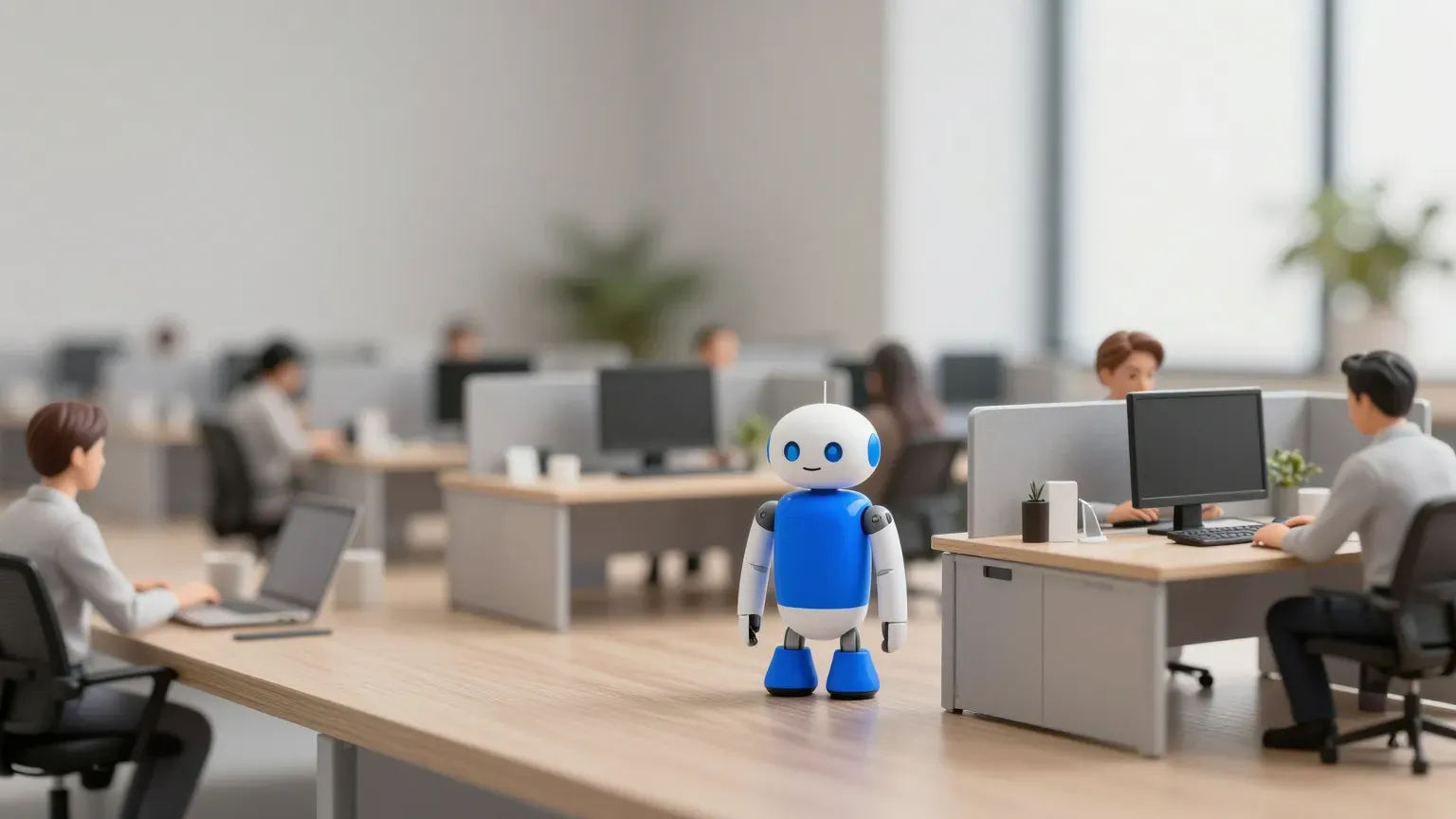 Fileira de pequenos robôs em miniatura ocupando mesas de escritório, cena de maquete bem-humorada