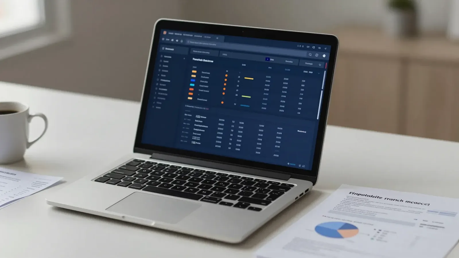 Mesa com notebook exibindo dashboard financeiro com alertas, notas fiscais de papel e xícara de café