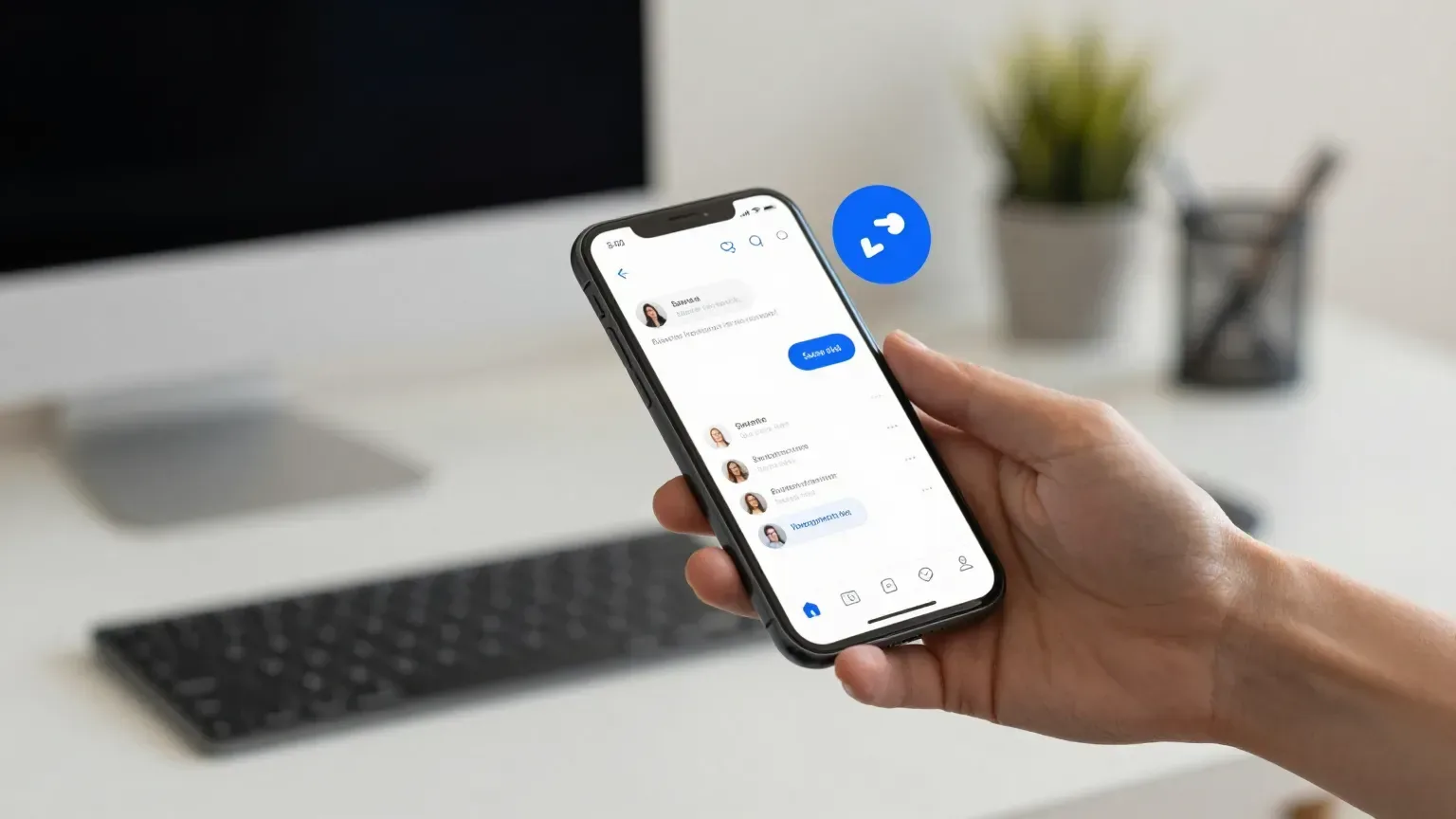 Smartphone aberto em um feed de rede social, com ícones de salvar e compartilhar em destaque sobre a tela
