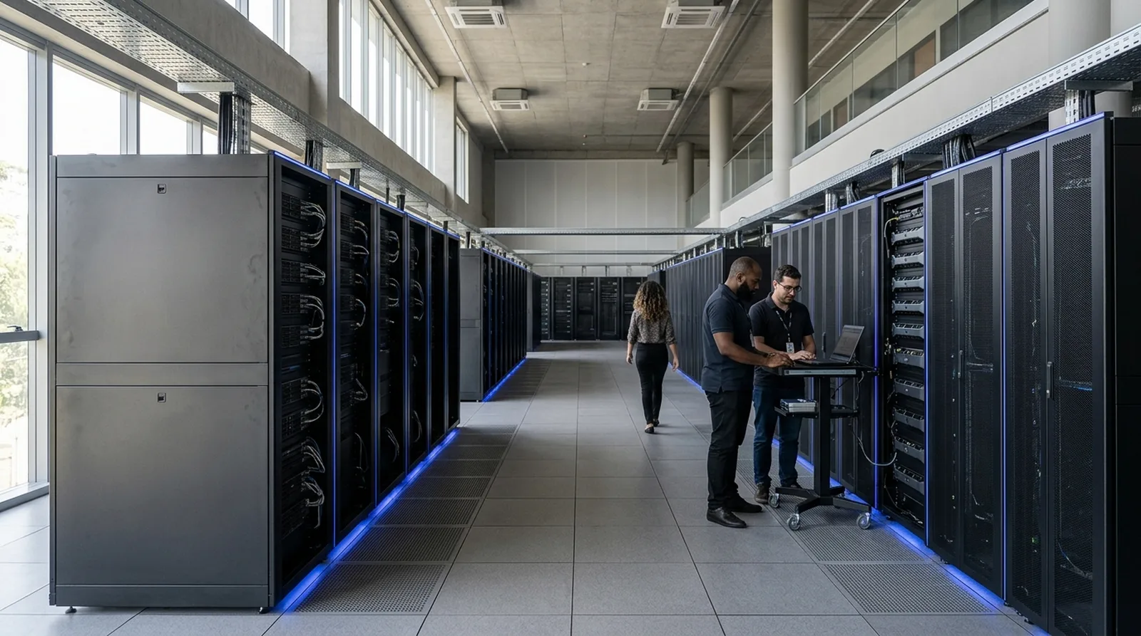 Servidores com chips em data center iluminado em azul