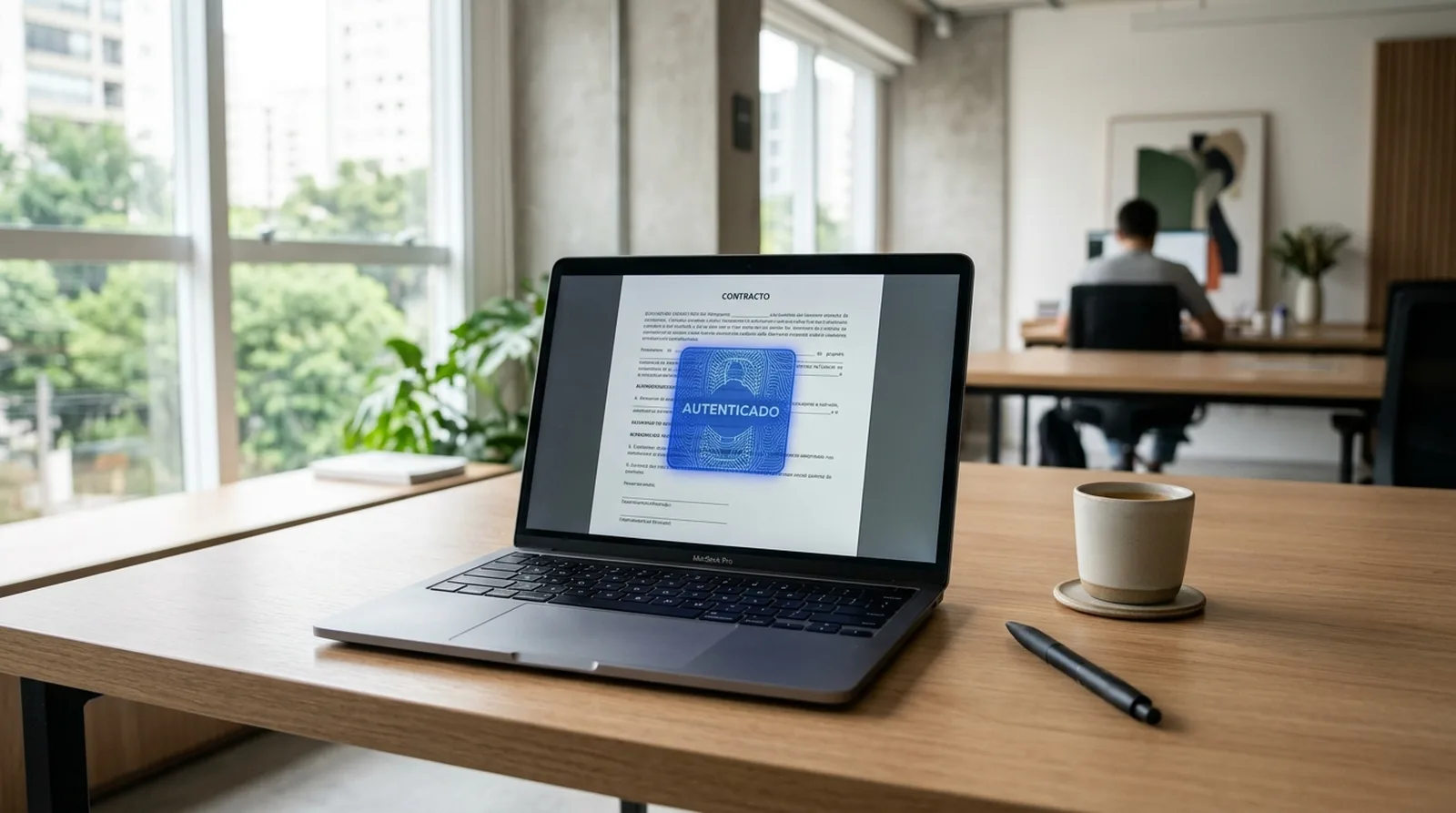 Documento digital com selo de autenticidade em tela de notebook