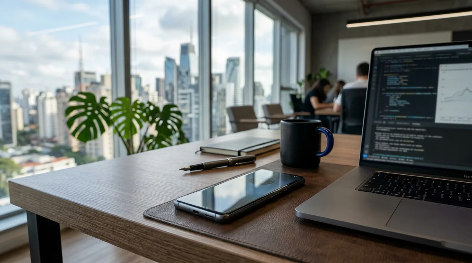 Smartphone em mesa de escritório com prédios de cidade asiática ao fundo