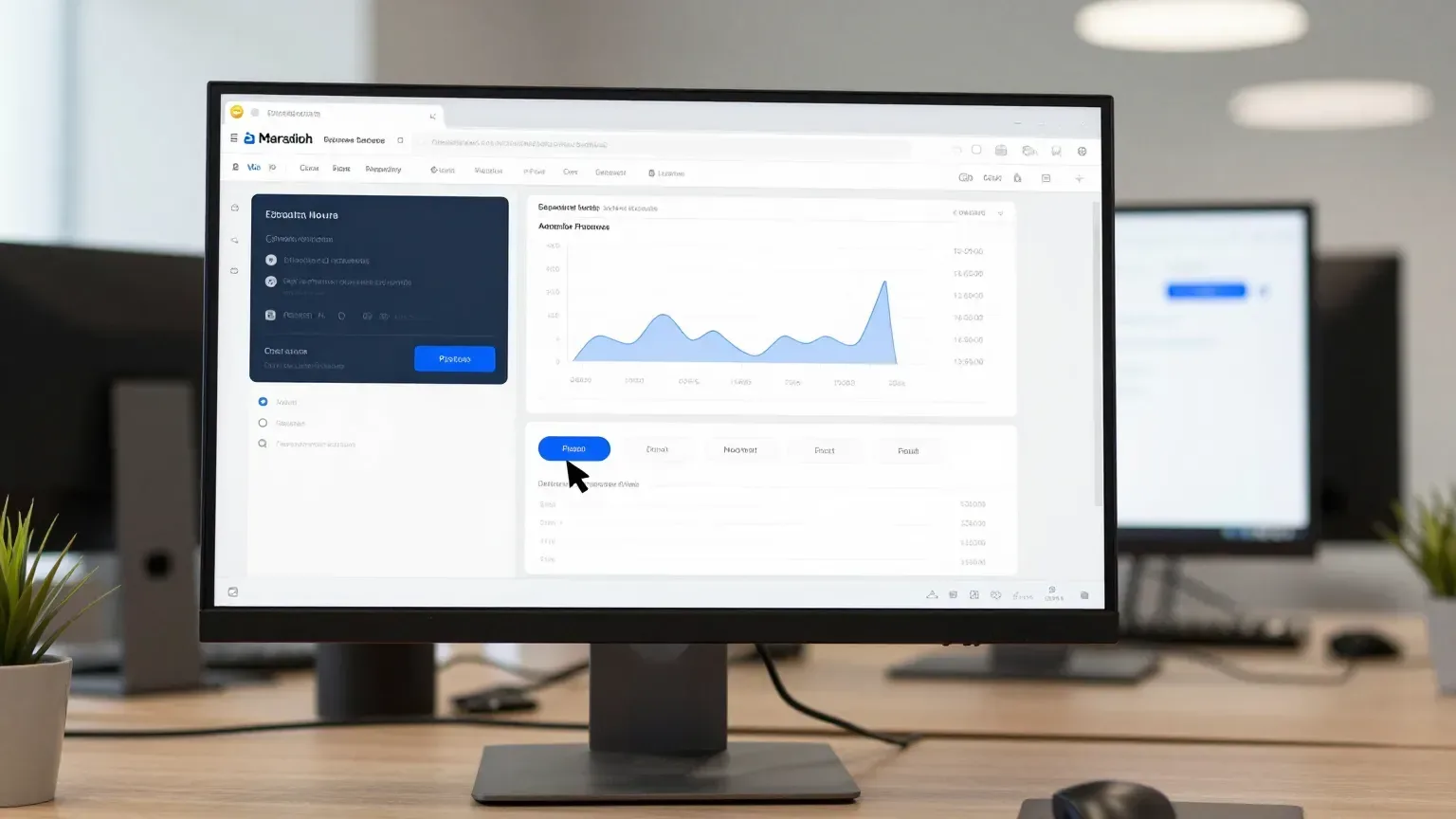 Painel de publicidade digital em um monitor, com gráficos de campanha e um cursor sobre o botão de publicar
