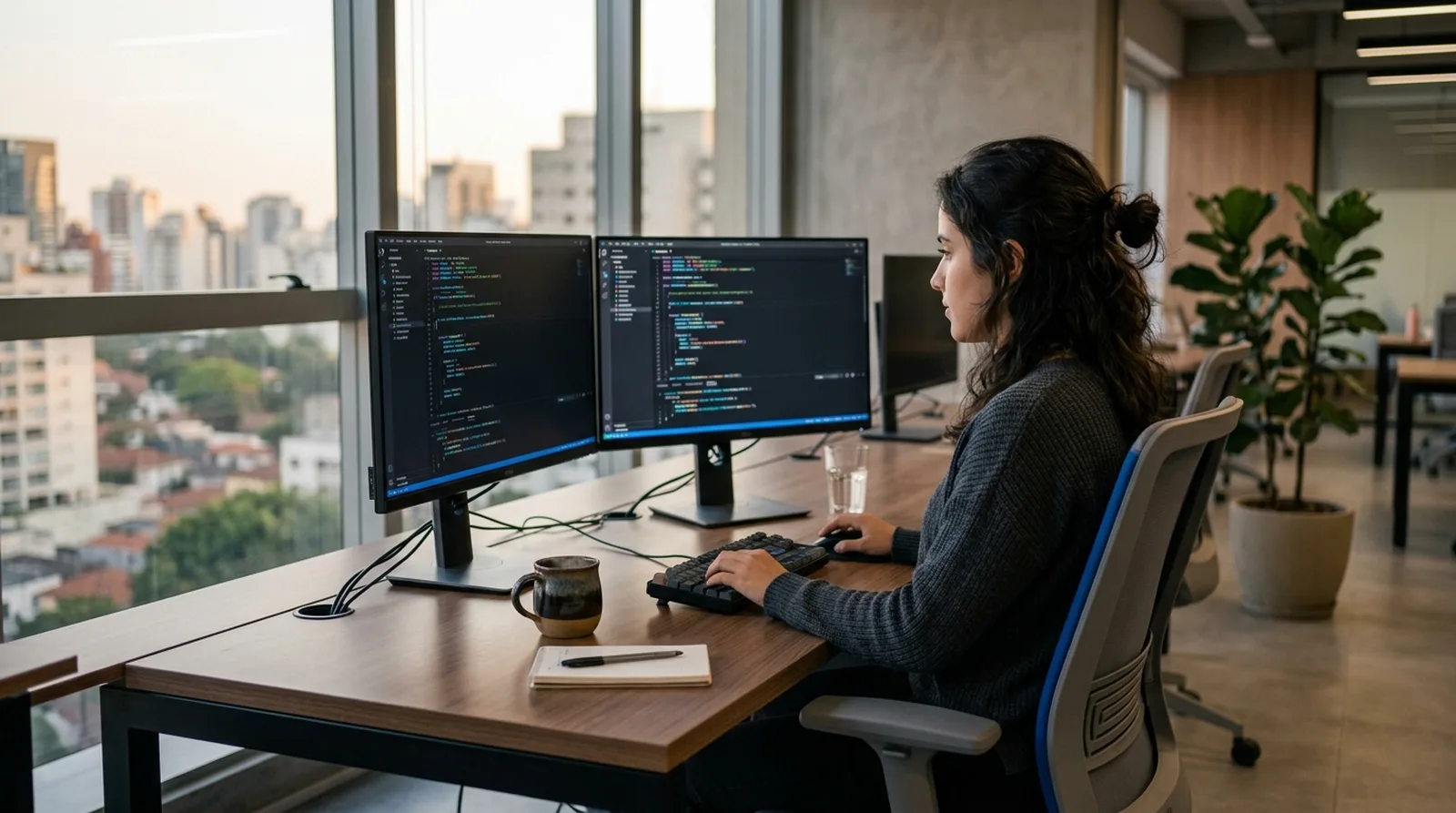 Editor de código com código-fonte em monitor duplo de desenvolvedor