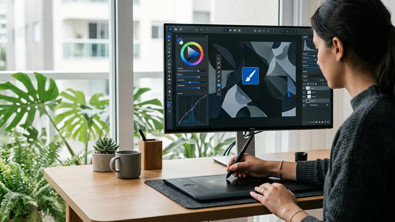 Mão de designer com stylus sobre tablet gráfico e monitor com painéis abstratos de edição de imagem