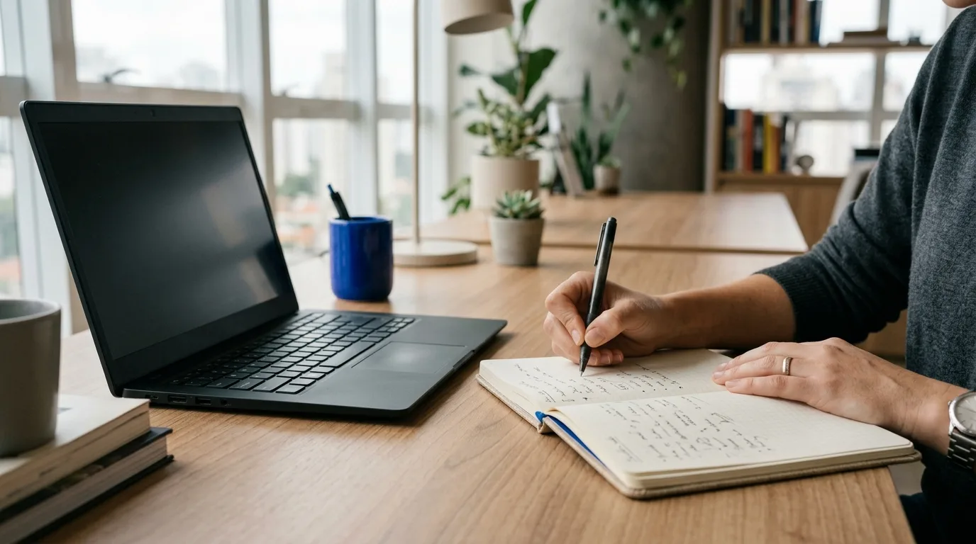 Mão escrevendo em caderno ao lado do notebook, conteúdo humano