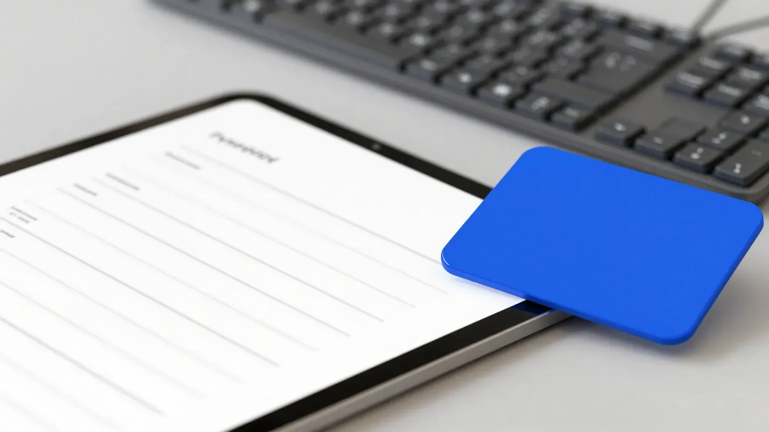 Tablet com documento minimalista de linhas estruturadas ao lado de teclado mecânico, uma linha destacada