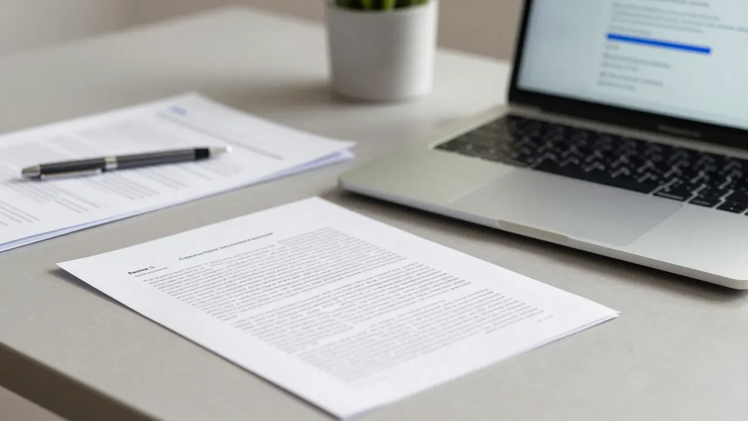 Mesa com documento impresso, caneta e notebook aberto com artigo de análise em tela
