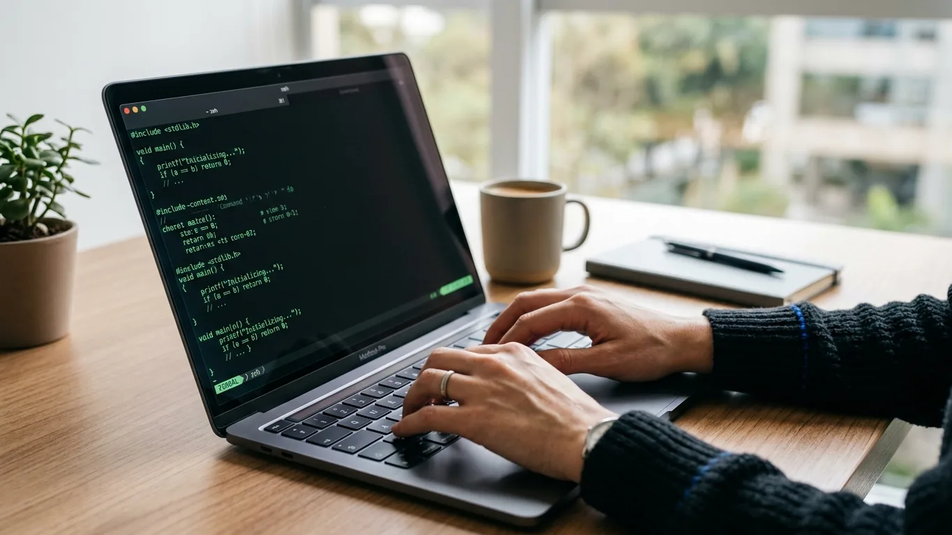 Código open-source em terminal com texto verde e mãos no teclado