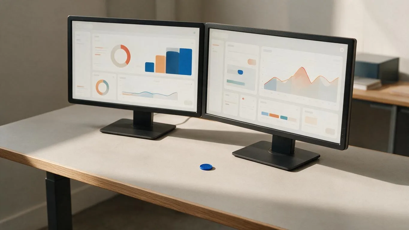 Mesa com dois monitores exibindo dashboards abstratos de testes e uma moeda simbolizando custo mínimo