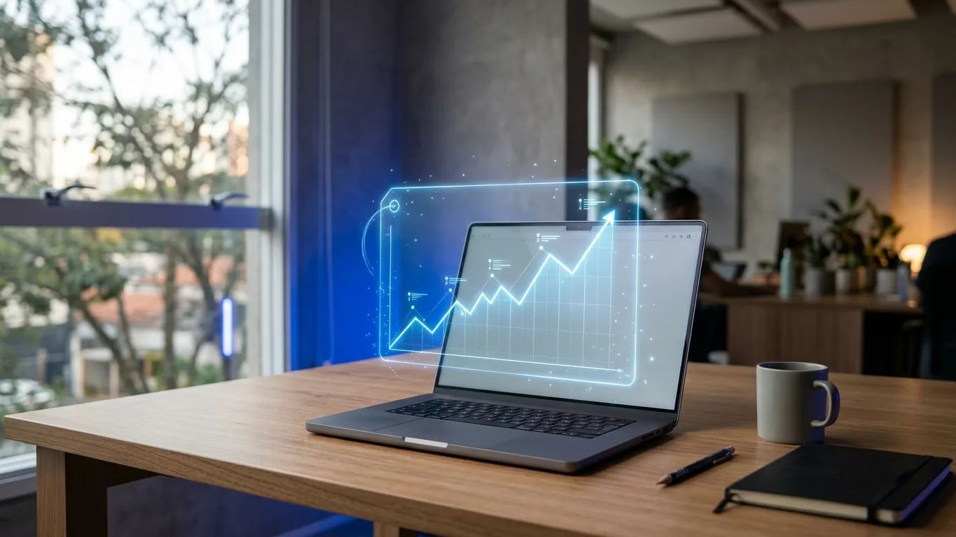 Etiqueta de preço holográfica sobre notebook com gráfico de linha em alta