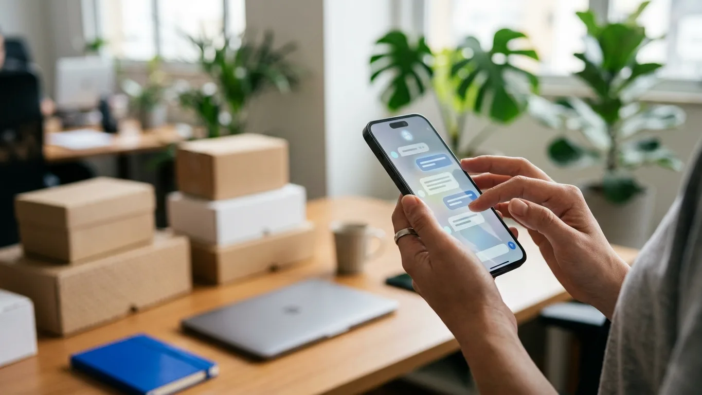 Pessoa segurando smartphone com assistente de IA aberto ao lado de caixas de produto