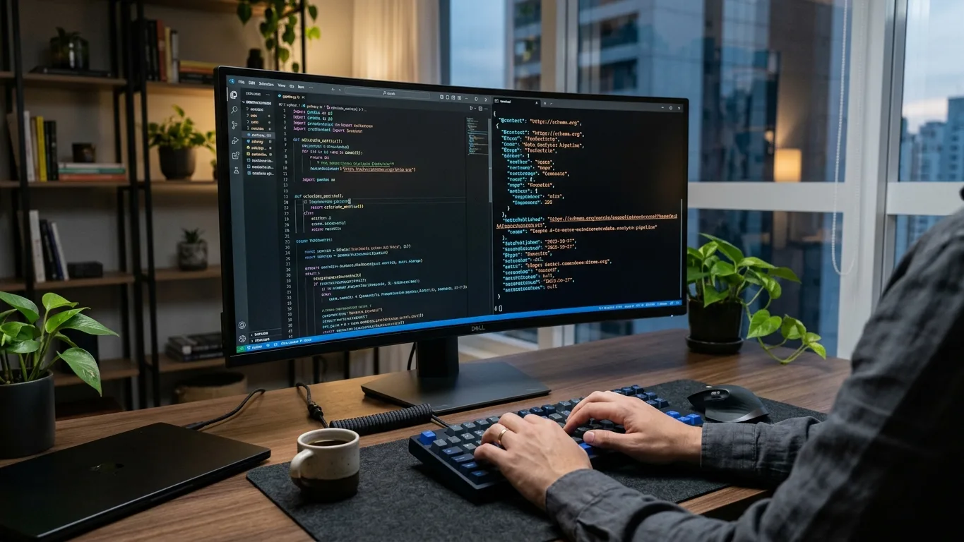 Terminal de desenvolvedor com blocos de código e JSON-LD na tela