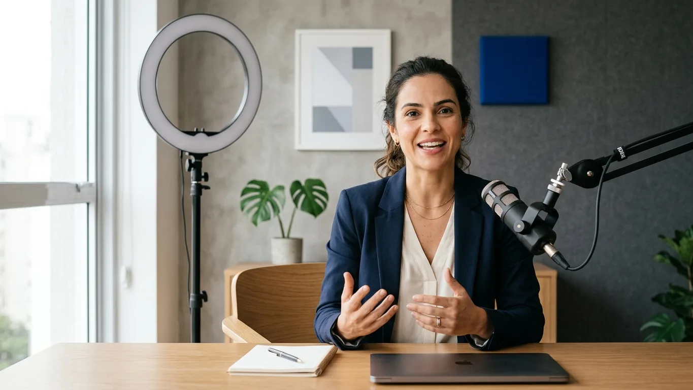Founder falando para câmera em estúdio minimalista com microfone e ring light