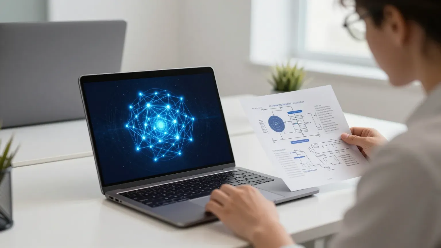 Pesquisador analisa um diagrama de sistemas ao lado de um notebook com rede neural abstrata