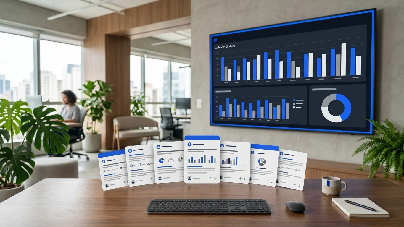 Painel de analytics com gráficos de citações de IA e cards de fóruns sobre a mesa