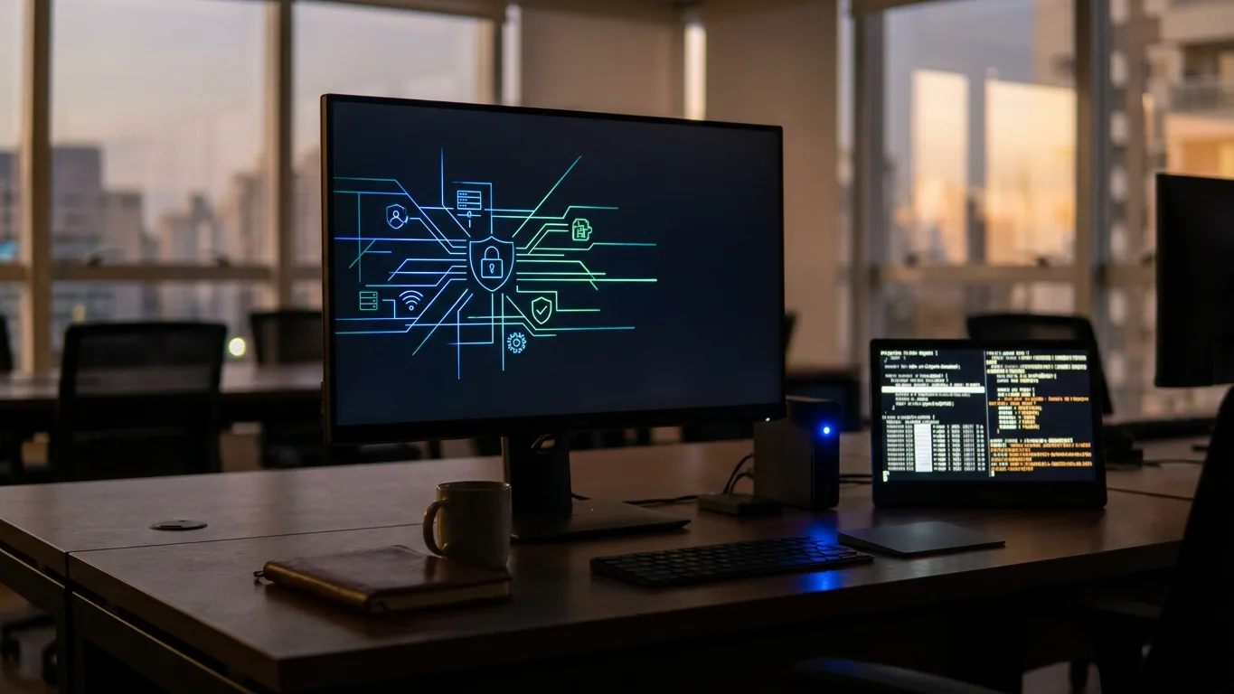 Tela de terminal com lista abstrata de verificações de segurança e um bloco de código ao lado no escuro