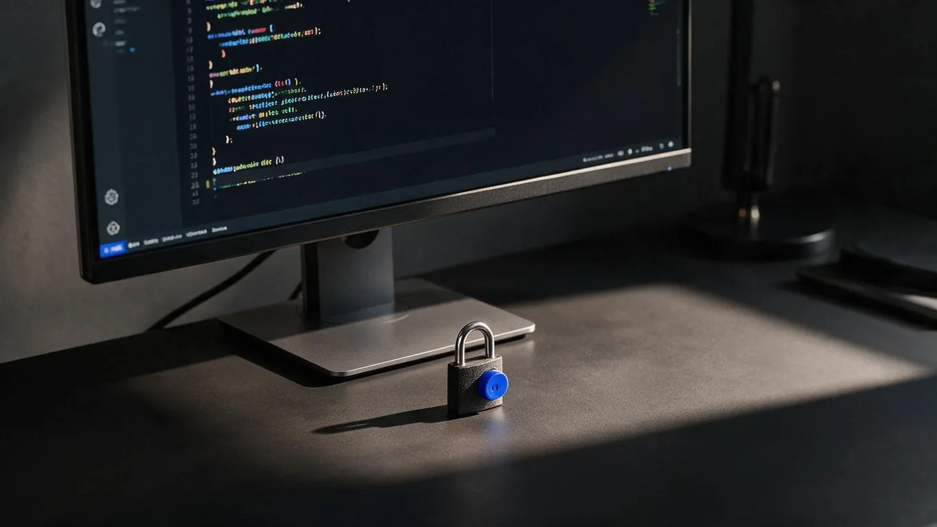 Tela de código com alertas de segurança destacados em âmbar sobre teclado ao fundo