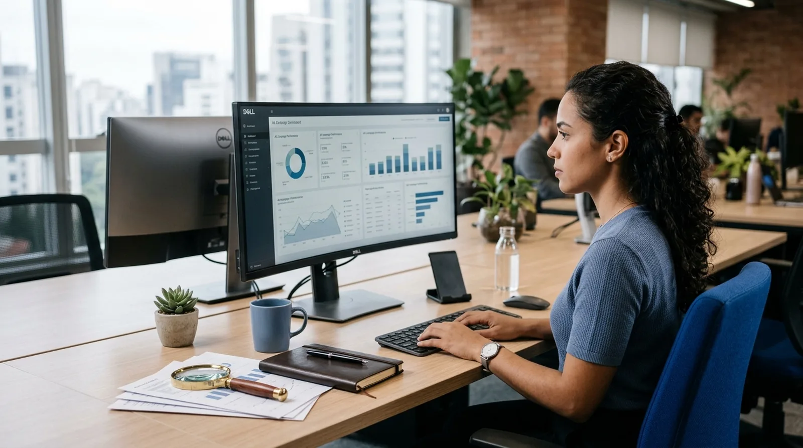 Painel de anúncios digitais com gráficos e lupa em monitor