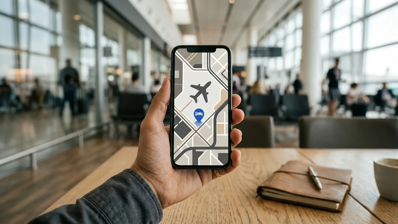 Smartphone segurado na mão mostrando mapa abstrato com ícone de avião e pin de hotel