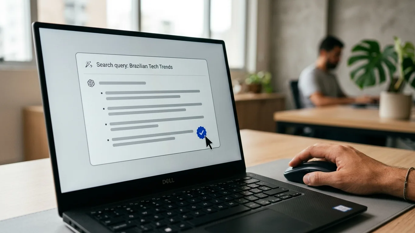 Tela de notebook com resposta de IA e selo de fonte verificada ao lado do resultado