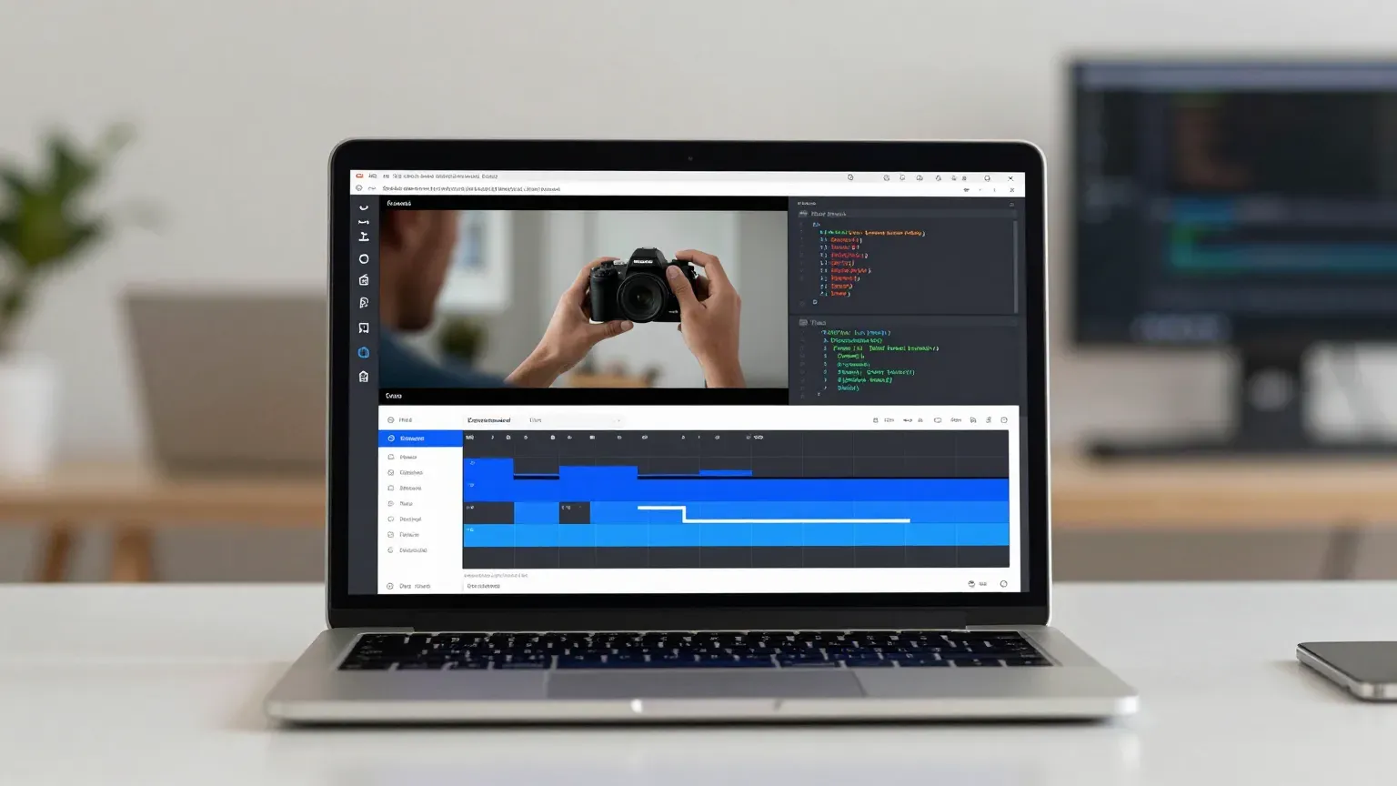 Notebook renderiza uma timeline de vídeo enquanto um desenvolvedor ajusta um enquadramento