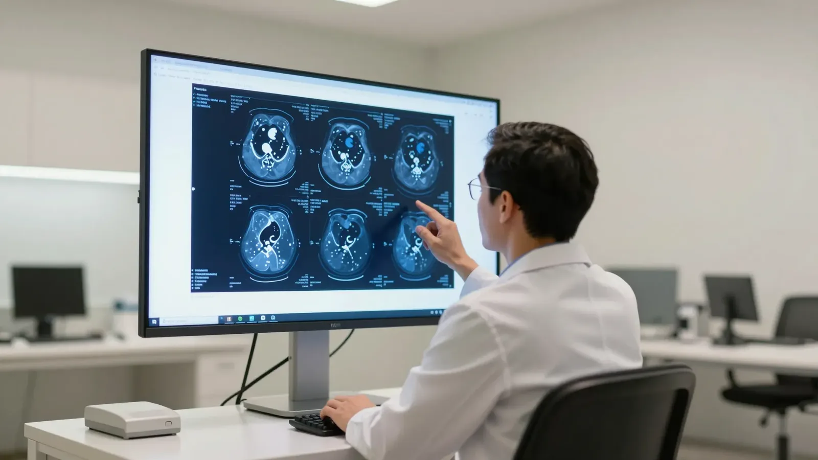 Radiologista em hospital moderno analisando tomografia em monitor médico de grande porte, com contorno azul sutil
