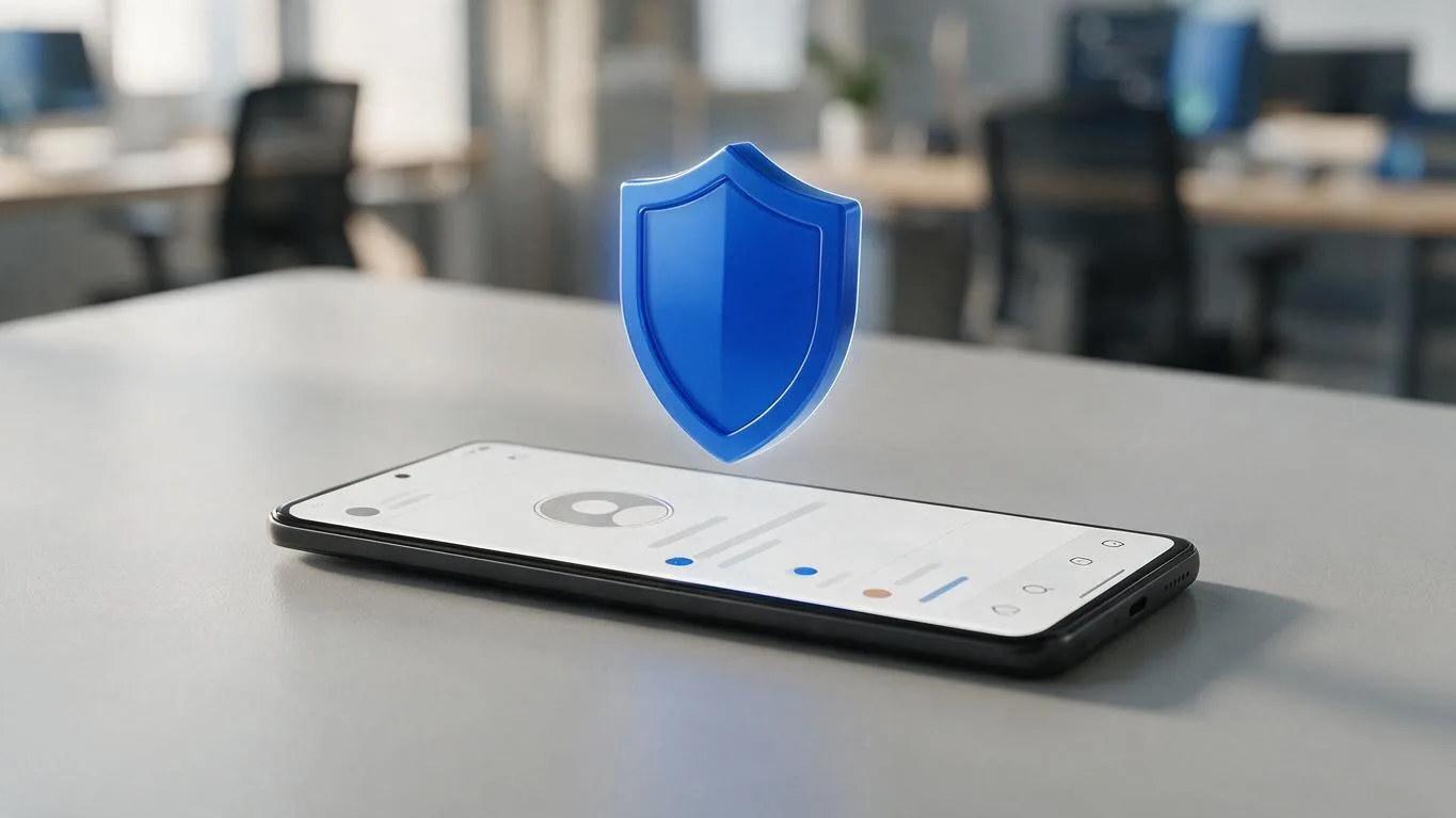 Smartphone mostrando um perfil de rede social com um escudo de verificação azul flutuando sobre a tela