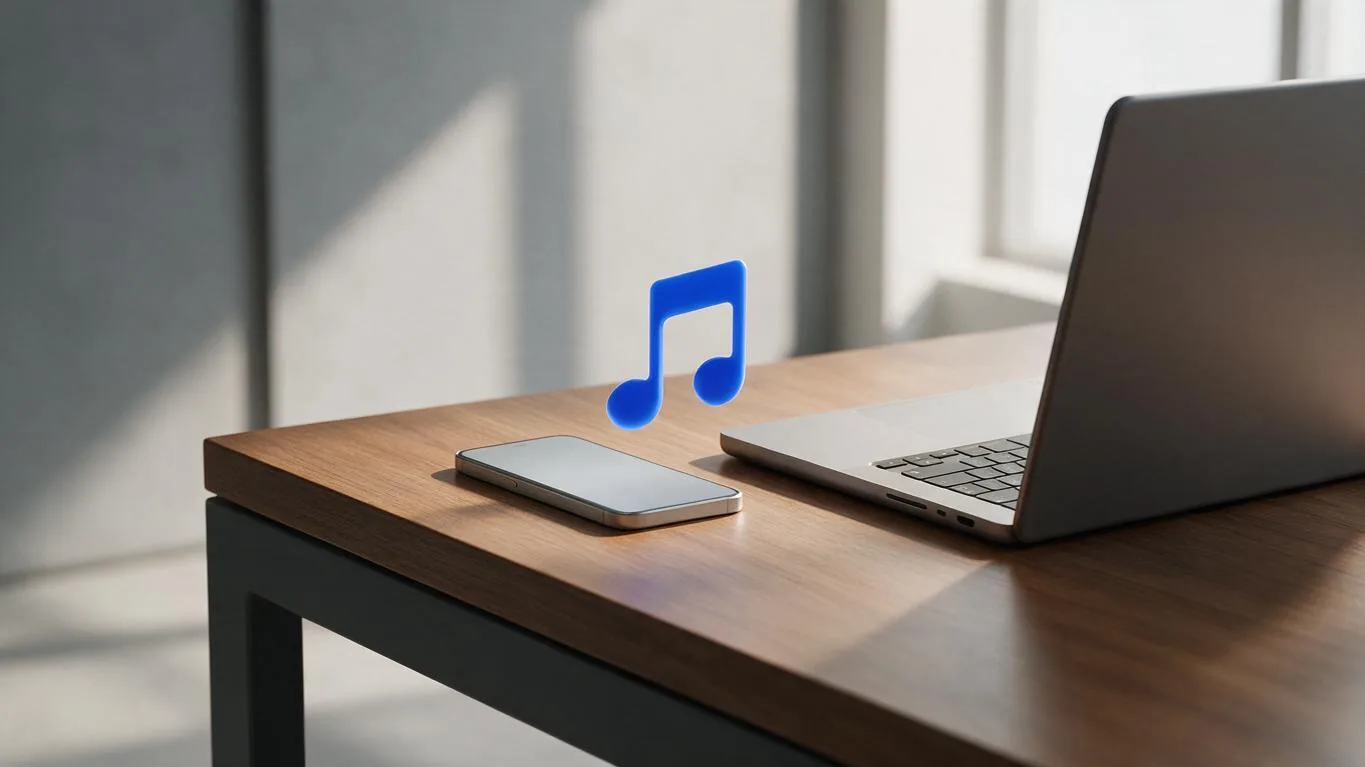 Notebook e smartphone em uma mesa, com um ícone de nota musical flutuando sobre a tela do celular