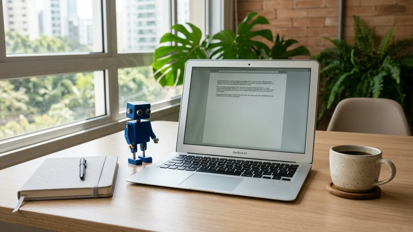 Notebook com arquivo de texto simples aberto e robô em miniatura ao lado