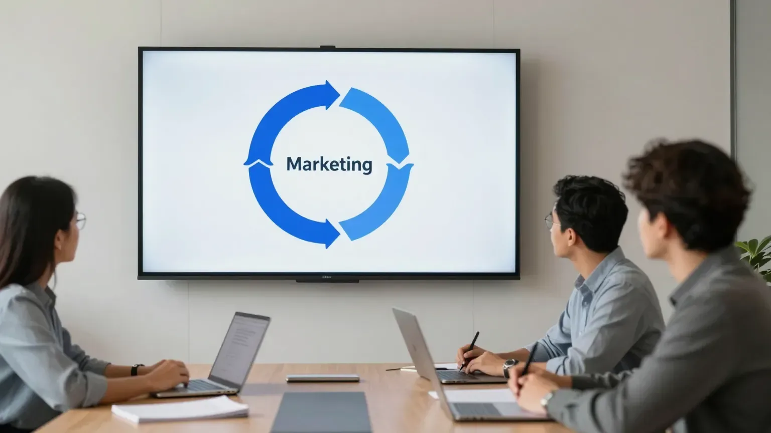Diagrama circular em uma tela de apresentação, com setas em loop conectando etapas de um processo de marketing