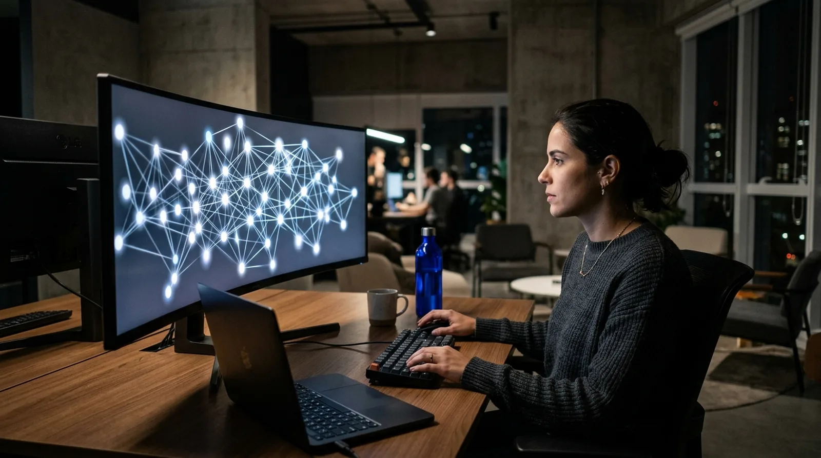 Rede de nós conectados representando agentes de IA em monitor