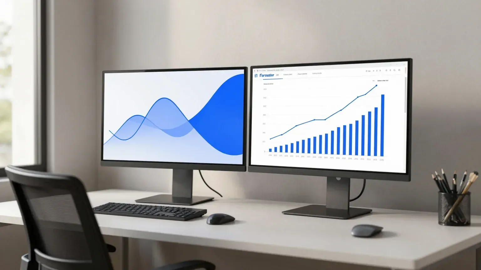 Painel de dados com gráficos em monitor amplo em sala de escritório com luz natural