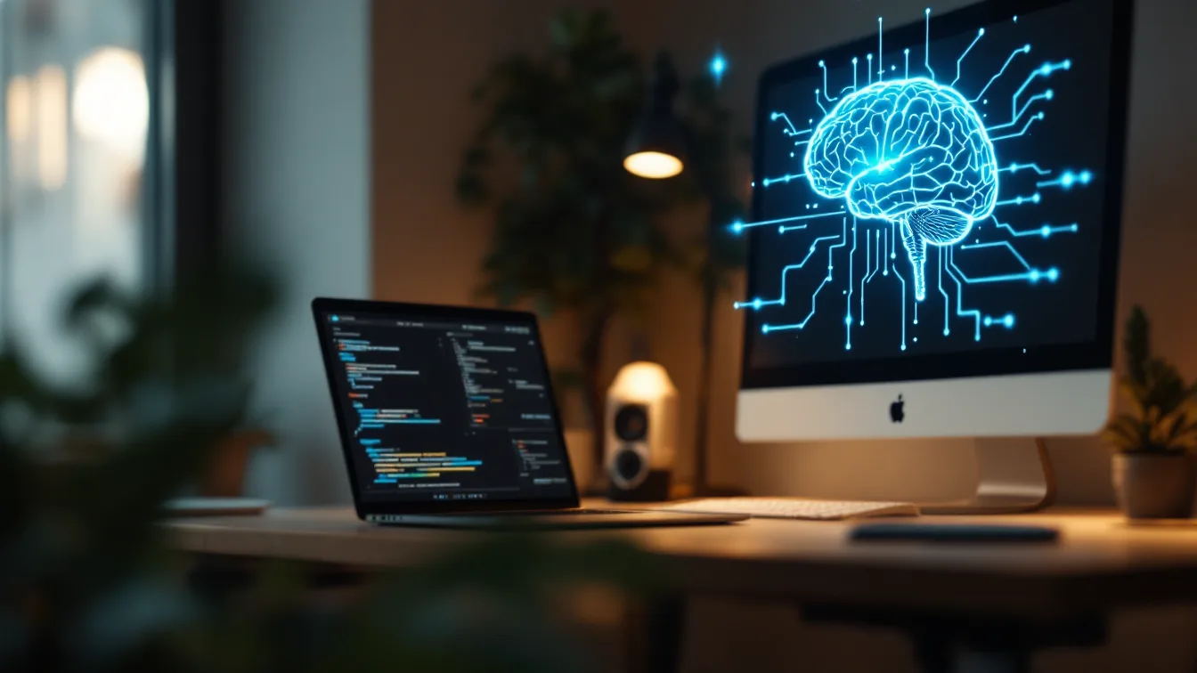 Desenvolvedor treinando uma pequena rede neural em notebook à noite com holograma cerebral