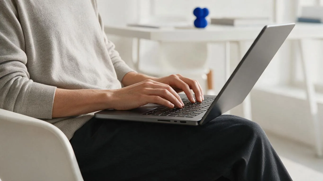 Pessoa digitando em notebook em escritório minimalista e claro