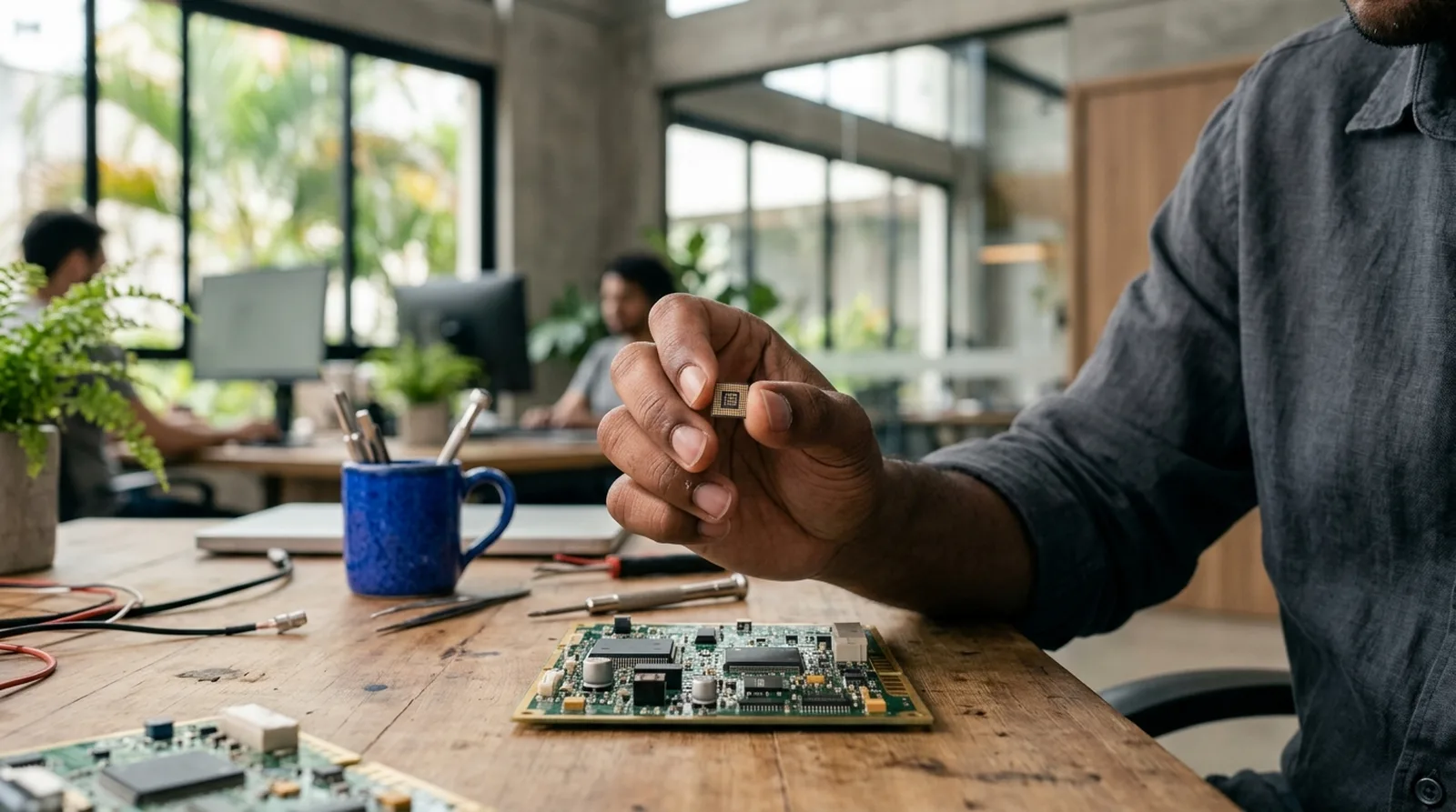 Chip pequeno em mão ao lado de dispositivo embarcado sobre mesa técnica