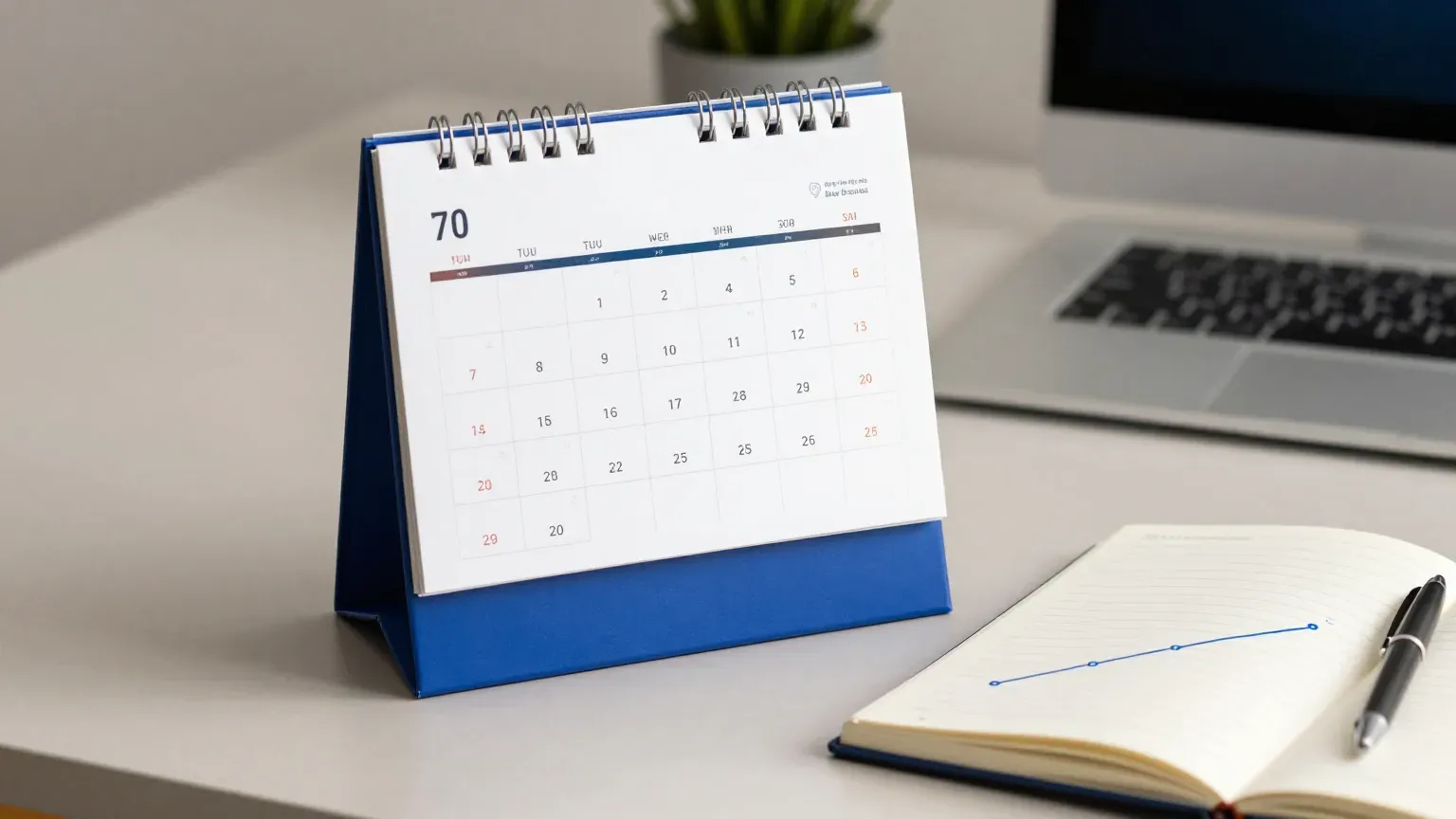 Calendário com uma data marcada ao lado de caderno aberto com esboço de curva de crescimento