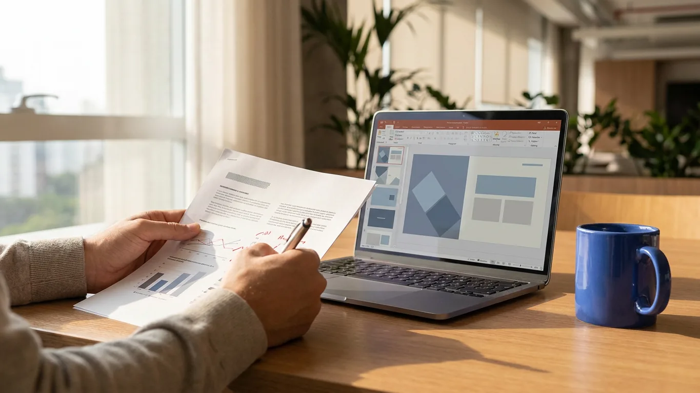 Mãos revisando anotações em caderno ao lado de notebook com esboço abstrato de apresentação na tela