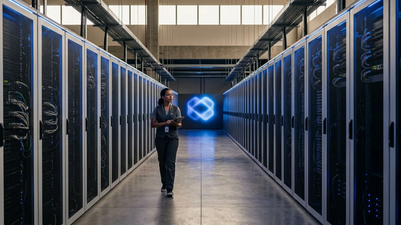 Corredor de data center com racks de servidores e brilho azul sutil