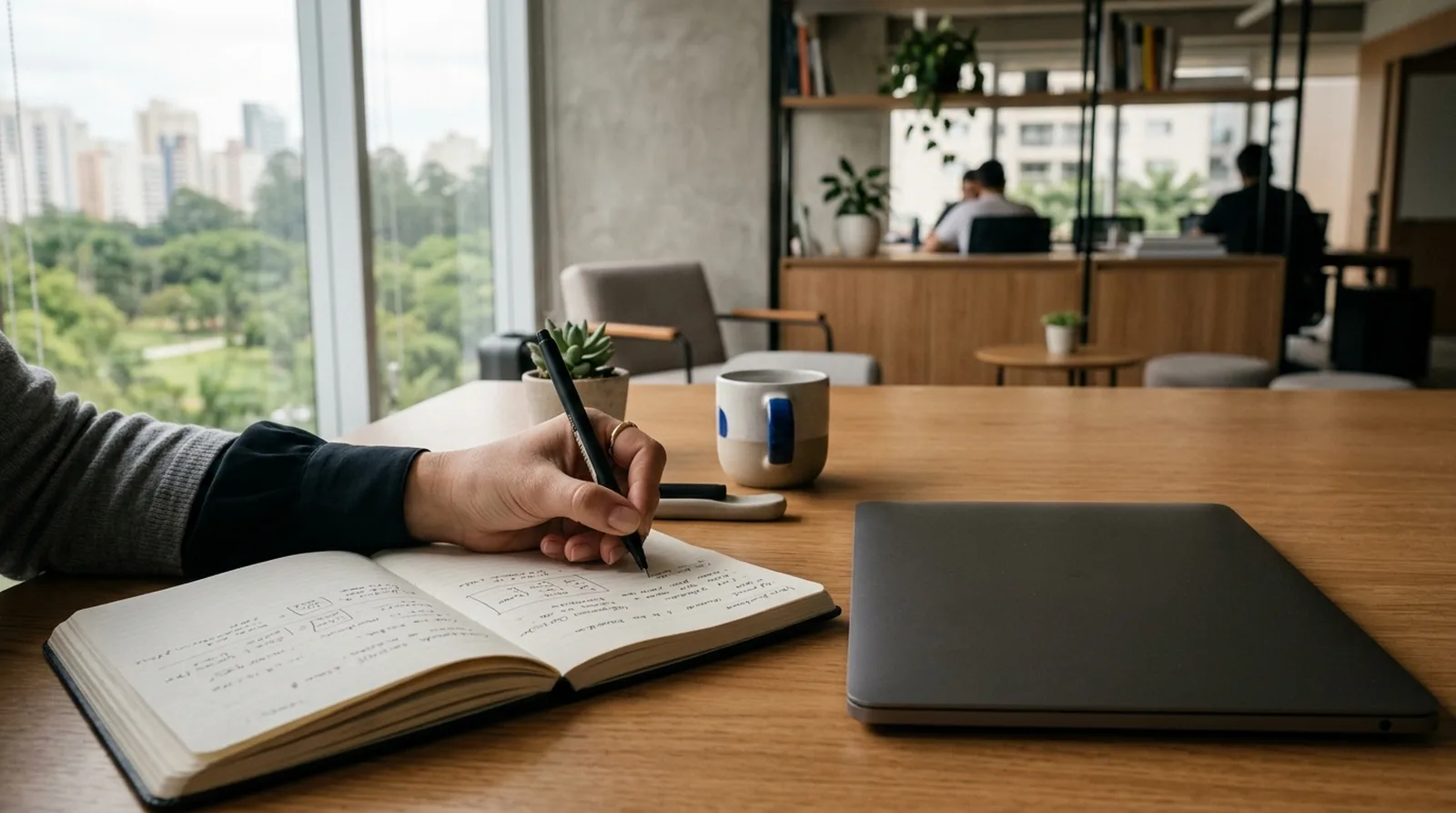 Caneta e caderno em mesa ao lado de notebook, luz natural de janela
