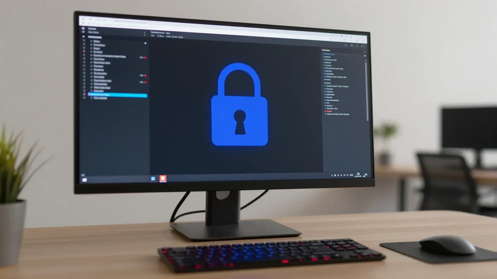Sala escura iluminada por monitor com terminal, silhueta de cadeado e brilho azul cobalto no teclado