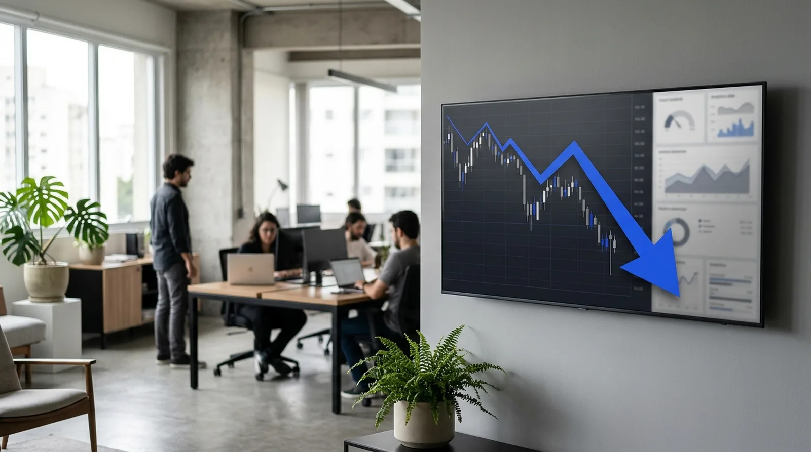 Painel com gráfico de preço de IA em queda em escritório moderno