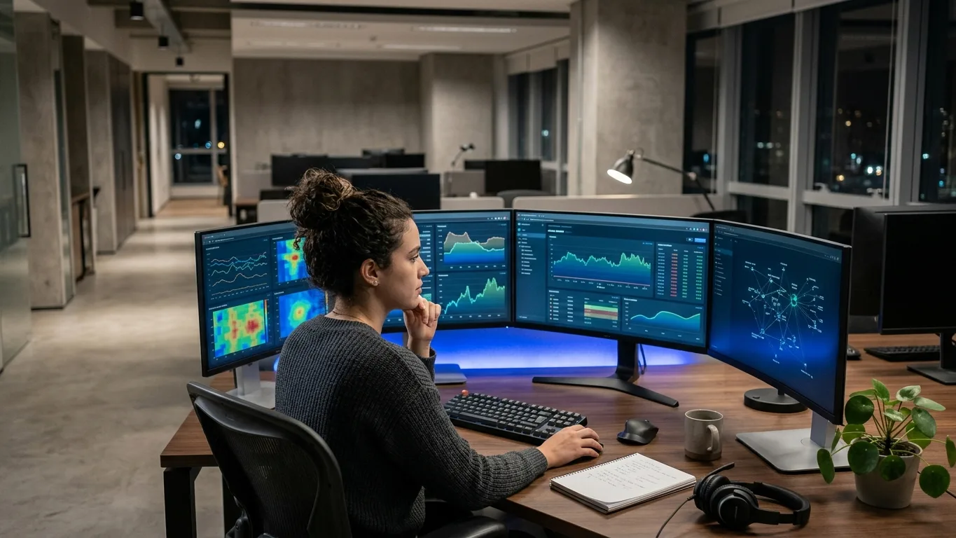 Uma pessoa em mesa cercada de monitores com dashboards automatizados