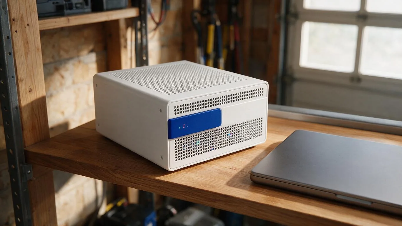 Servidor homelab com luzes piscando em prateleira de madeira ao lado de notebook