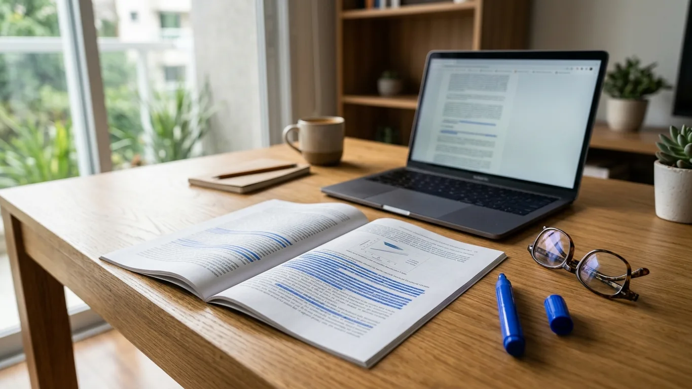 Artigo acadêmico sobre a mesa com trechos destacados em azul e notebook ao fundo