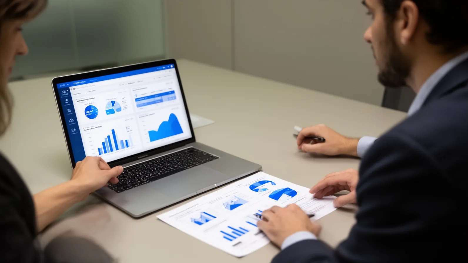 Mesa de reunião com notebook mostrando painel de analytics e mãos apontando um gráfico