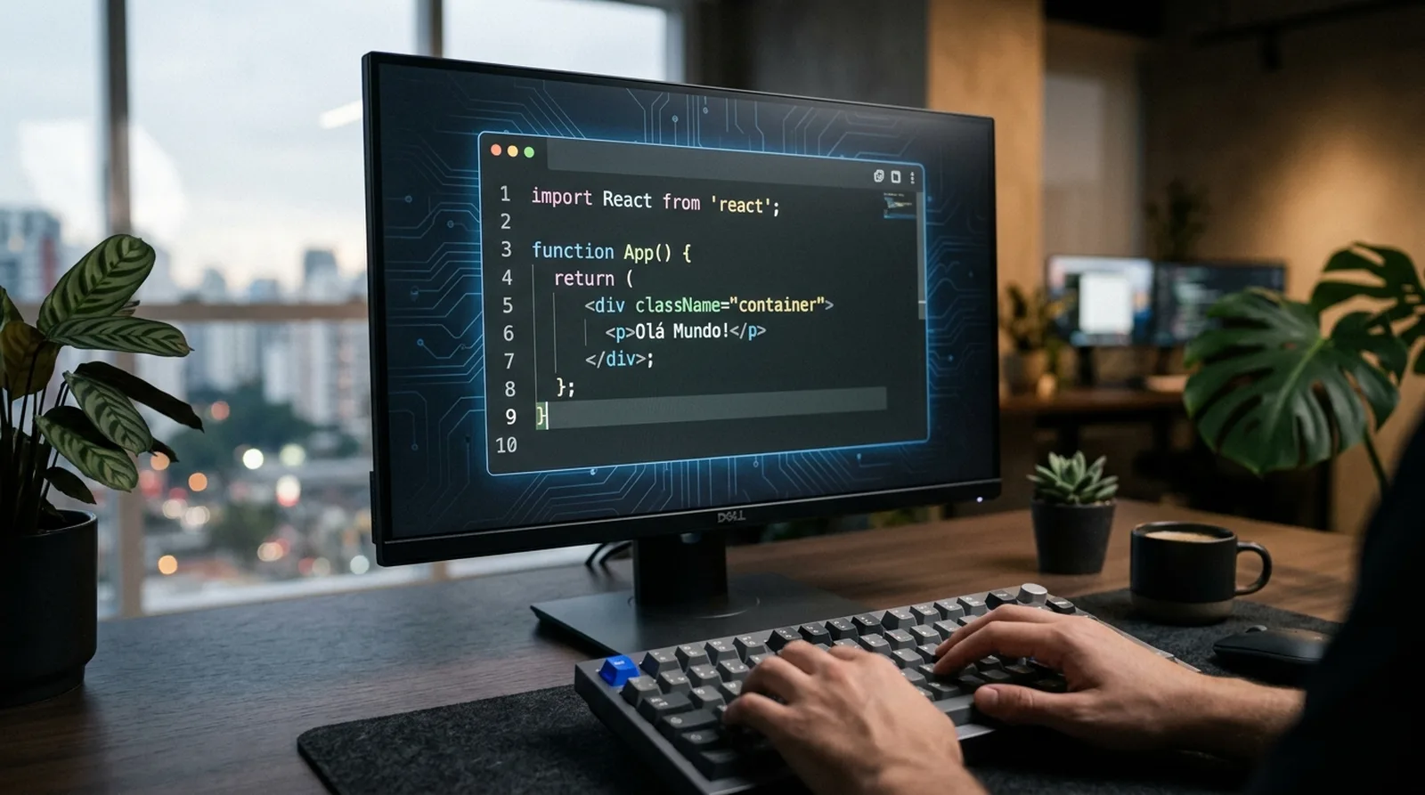 Código-fonte em tela com nós de rede neural sobrepostos