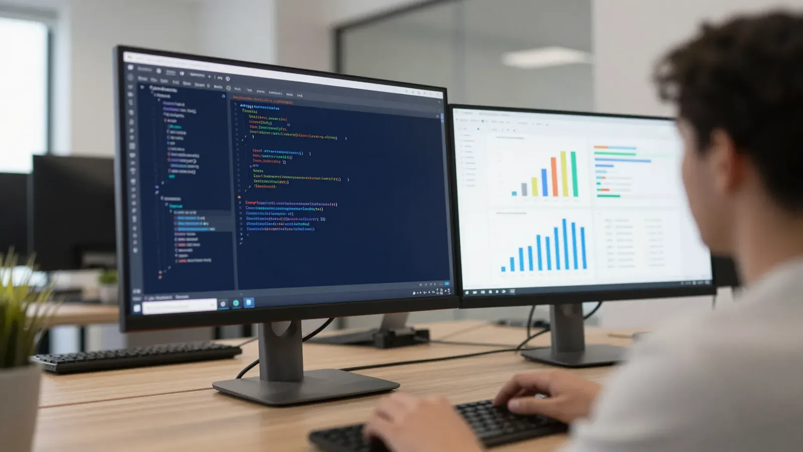 Engenheiro de software analisando código enterprise em monitor amplo, gráficos de barras em tela secundária
