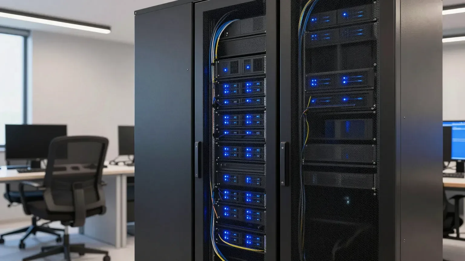Rack de servidores com luzes azuis em sala de infraestrutura com iluminação fria